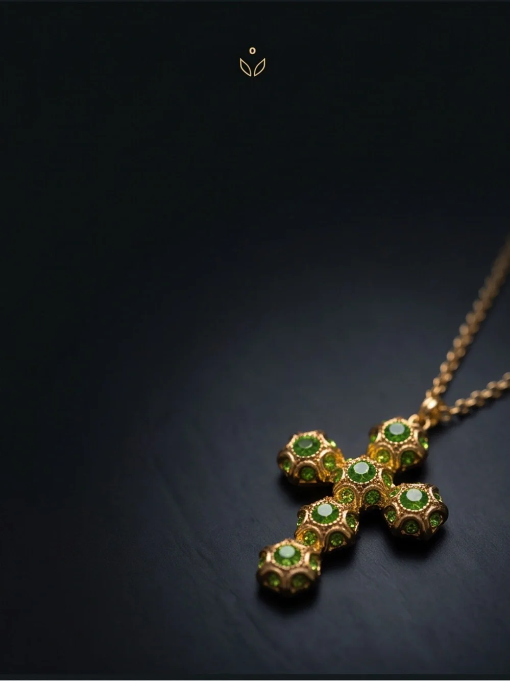 Gold Cross Necklace with Green Crystal Accents
